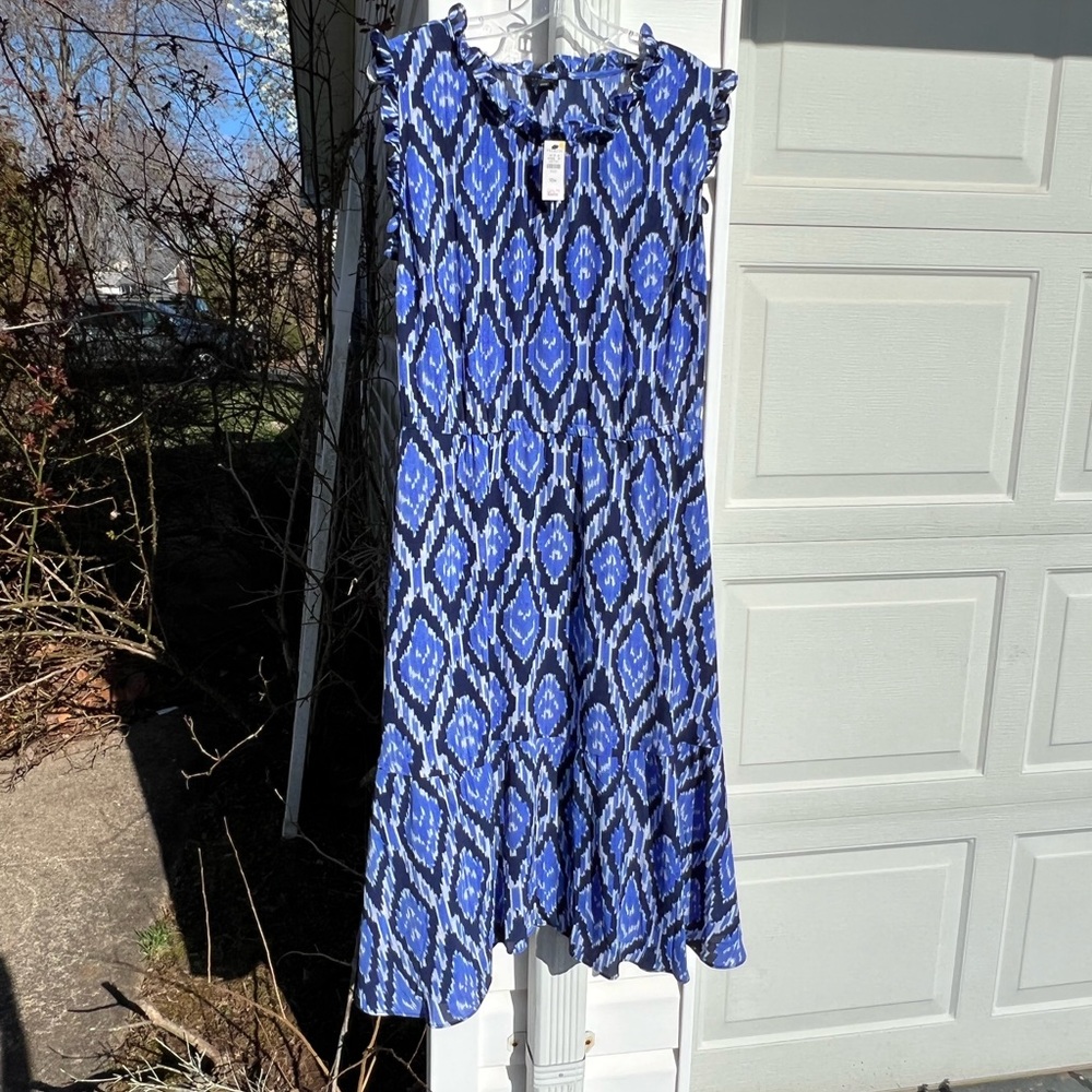 NWT Talbots Pretty Blues White Diamond Pattern Ruffle Neck Tea Length Dress